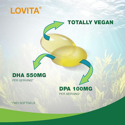Lovita Algae Omega-3, Vegan and Plant-Based DHA & DPA, Fish Oil Alternative, 1000mg Algae Oil, Support Heart and Brain Health, Carrageen-Free, 90 Softgels
