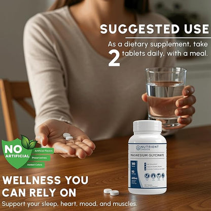 400 mg Pure Magnesium Glycinate 180 Tablets Non Buffered High Absorption Non-GMO Promotes Cardiovascular Health Supplement for Stress Relief, Sleep, Heart Health, Ease Muscles, Calm Headaches, Nerves