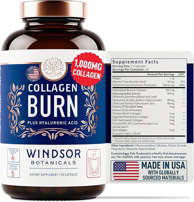 Thermogenic Multi Collagen Burn Capsules - Hydrating Hyaluronic Acid, Marine Collagen Supplements for Women and Men & Vitamin C - Hydrolyzed Collagen Complex 5 Types- 2-Pack, 180 Pills