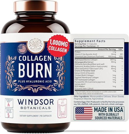 Thermogenic Multi Collagen Burn Capsules - Hydrating Hyaluronic Acid, Marine Collagen Supplements for Women and Men & Vitamin C - Hydrolyzed Collagen Complex 5 Types- 2-Pack, 180 Pills