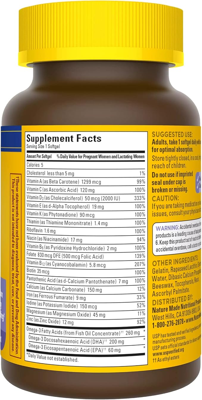 Nature Made Postnatal Multivitamin + DHA 200 mg, Postnatal Vitamins for Breastfeeding Moms & Babies, Vitamins & Nutrients Include Iron, Vitamin D3, Calcium, Iodine and More, 60 Softgels