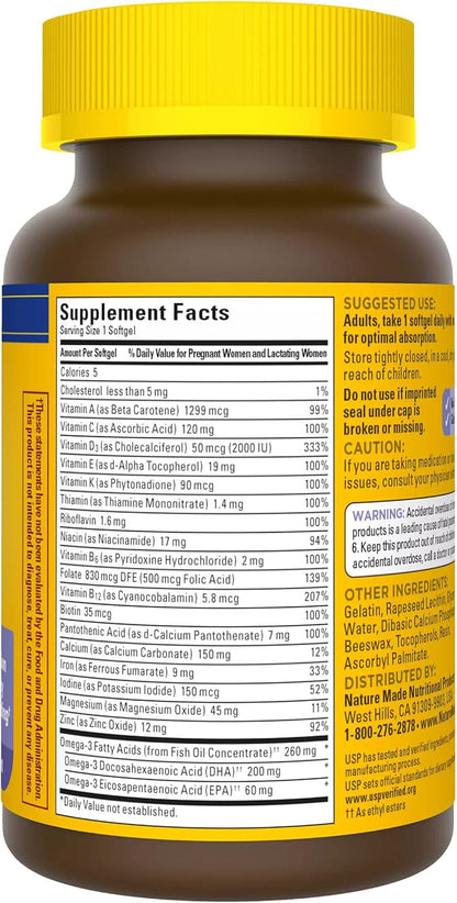 Nature Made Postnatal Multivitamin + DHA 200 mg, Postnatal Vitamins for Breastfeeding Moms & Babies, Vitamins & Nutrients Include Iron, Vitamin D3, Calcium, Iodine and More, 60 Softgels