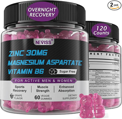 Zinc and Magnesium Supplement (Made in USA), Zinc Magnesium Aspartate Post Workout Gummies for Men Women, w/Vitamin B6, B12, D3, Turmeric for Nighttime Muscle Recovery, Boost Immunity & Sleep, 120 Cts
