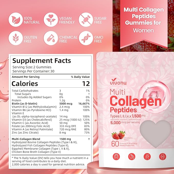 Women & Men Multi Collagen Peptides Gummies Sugar-Free, Multi Collagen Hydrolyzed Protein Type I,II,III,V,X, Biotin, Methylated B12, Vitamin C A E D3 B6 for Skin Hair Nails, Bone