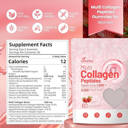 Women & Men Multi Collagen Peptides Gummies Sugar-Free, Multi Collagen Hydrolyzed Protein Type I,II,III,V,X, Biotin, Methylated B12, Vitamin C A E D3 B6 for Skin Hair Nails, Bone