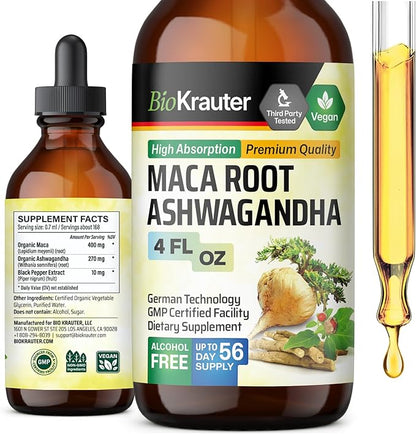 BIO KRAUTER Maca Root and Ashwagandha Tincture - Maca & Ashwagandha Supplements for Men & Women - Adaptogenic Liquid Supplement for Mood Support - Alcohol and Sugar Free Vegan Drops 4 Fl.Oz.