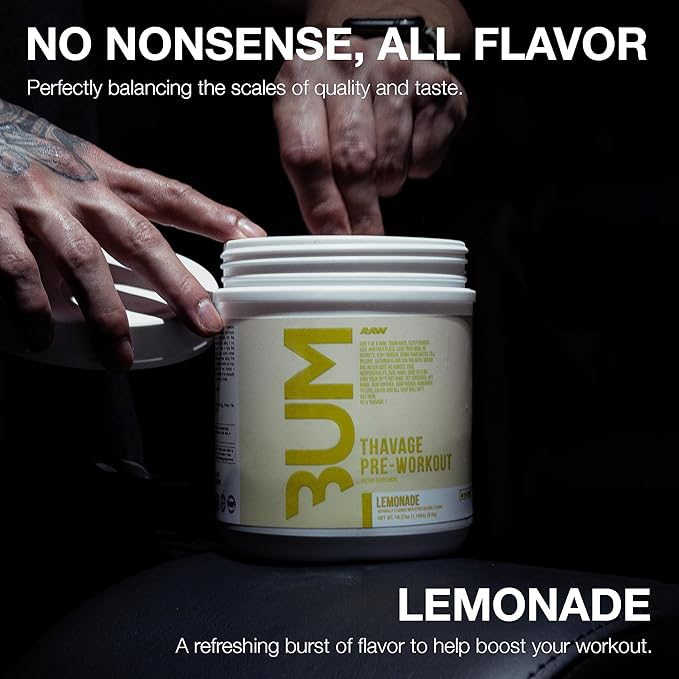 RAW Pre Workout Powder, Thavage (Lemonade) - Chris Bumstead Sports Nutrition Supplement for Men & Women - Cbum Pre Workout for Working Out, Hydration, Mental Focus & Energy - 40 Servings