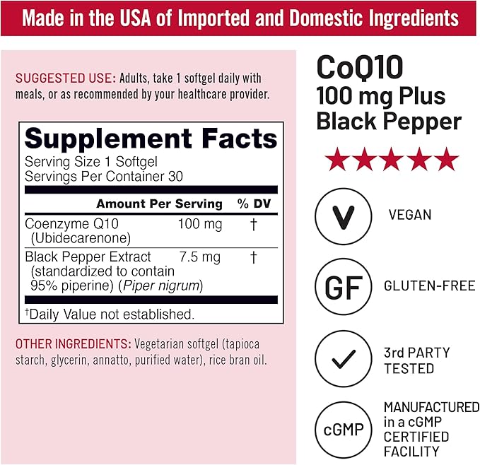 NatureWise CoQ10 100mg + Black Pepper Softgels - High Absorption Coenzyme Q10 + Black Pepper - Antioxidant for Heart Health + Cellular Energy - Vegan, Non-GMO, Gluten-Free - 30 Count[30-Day Supply]