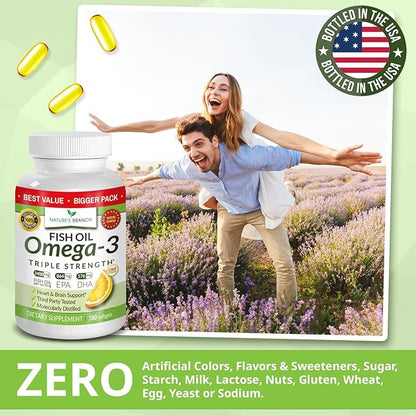 Best Triple Strength Omega 3 Fish Oil Pills - 180 Capsules - 2400mg High Potency Burpless Lemon Flavor 864mg EPA 576mg DHA Ultra Pure Liquid Softgels for Brain Joints Eyes Heart Health Supplement