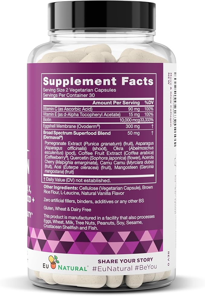 Move & Glow Collagen Pills for Women & Men – Vegetarian Multi-Collagen (Type I-V-X) with 9 Plant-based Superfoods for Skin Health & Joint Support – Biotin, Vitamin C, Vitamin E, 60 Vegetarian Capsules