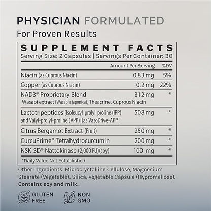 Cardio Prime+, Blood Pressure Supplement and Heart Health Support - Promotes Circulation and Cardiovascular Function with Bergamot, NAD3, Nattokinase - 60 Capsules (1 Month Supply)