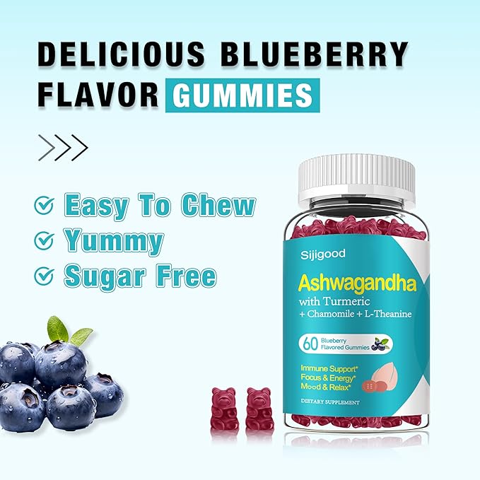 2 Pack Ashwagandha Gummies, Support for Immunity, Relaxation, Calm Mood & Zzz, Ashwagandha Supplements for Men & Women, Natural Blueberry Flavor, 120 Count
