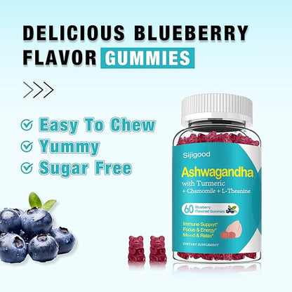 2 Pack Ashwagandha Gummies, Support for Immunity, Relaxation, Calm Mood & Zzz, Ashwagandha Supplements for Men & Women, Natural Blueberry Flavor, 120 Count