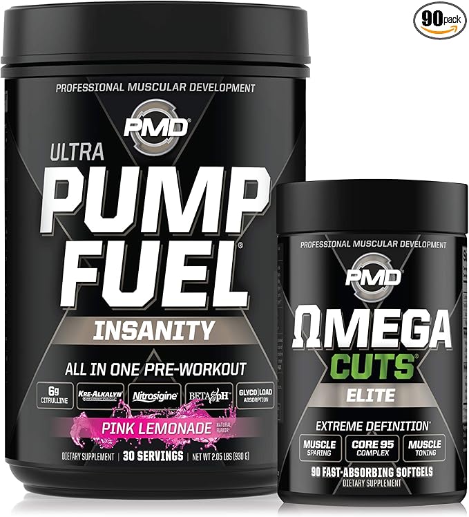 PMD Sports Ultra Pump Fuel Insanity - Pre Workout – Pink Lemonade (30 Servings) Sports Omega Cuts Elite Thermogenic Fat Burner (90 Softgels)