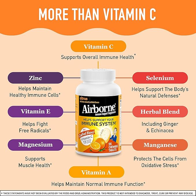 Airborne Vitamin C 1000mg (per Serving) - Citrus Chewable Tablets (96 Count in a Box), Gluten-Free Immune Support Supplement with Vitamins A C E, Zinc, Selenium, Echinacea, Ginger, Antioxidants