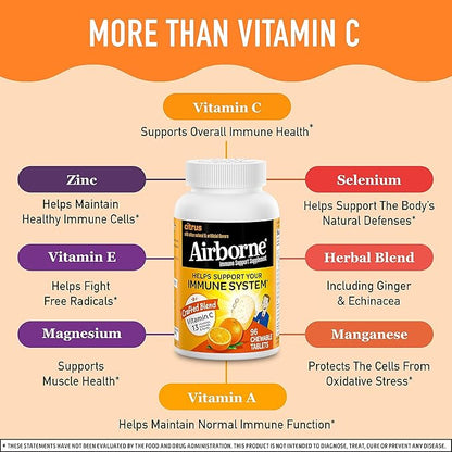 Airborne Vitamin C 1000mg (per Serving) - Citrus Chewable Tablets (96 Count in a Box), Gluten-Free Immune Support Supplement with Vitamins A C E, Zinc, Selenium, Echinacea, Ginger, Antioxidants