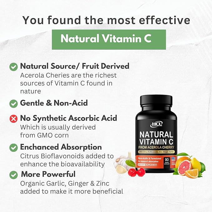 Natural Vitamin C from Organic Acerola Cherry - High Absorption - with Garlic Ginger & Citrus Bioflavonoids - Immune System & Collagen Booster - Anti Aging Skin Vitamins
