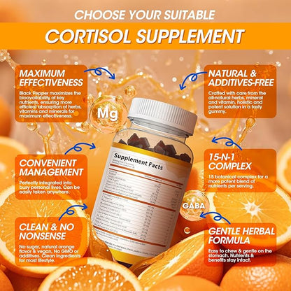Cortisol Supplements for Women & Men, 15-in-1 Calm Cortisol Gummies with Ashwagandha, Magnesium, L-theanine, GABA, Phosphatidylserine, Vitamin C, D3, B6 for Mood, Sleep, Focus Support - Vegan, 1 Pack
