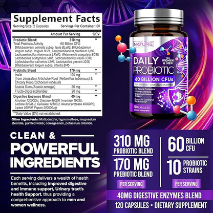 Built by Nature Probiotic for Women & Men – 60 Billion CFU, 10 Strains + Prebiotics & Digestive Enzymes – Supports Digestive, Immune, Reduce Gas & Bloating – Shelf Stable, Non-GMO - 120 Capsules