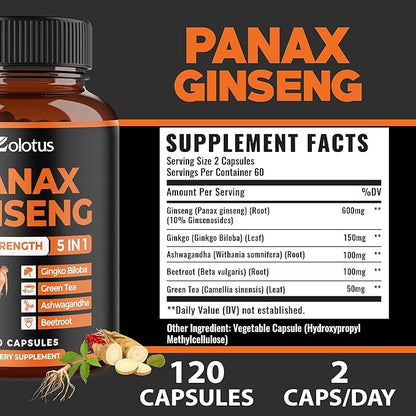 Zolotus Korean Red Panax Ginseng + Ginkgo Biloba, Ashwagandha, Beetroot, Green Tea - 120 Capsules for 2 Month Supply