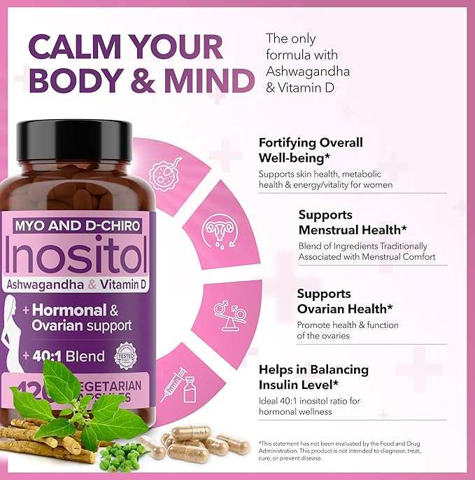 Intimate Rose Myo-Inositol & D-Chiro Inositol Supplement for Women - Hormone Balance & Ovarian Support for Women - Ideal 40:1 Ratio, Vitamin D3 + Ashwagandha