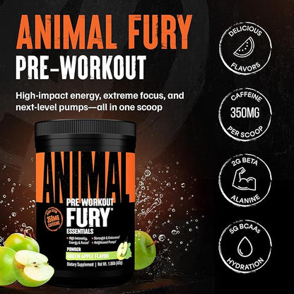 Animal Fury Pre Workout Powder - Green Apple, 350mg Caffeine, BCAA Amino Acids, 2g Beta Alanine, Citrulline & Tyrosine, Energy, Focus, Strength, Endurance, Preworkout for Men & Women, 20 Servings