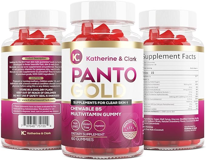 Katherine & Clark Panto Gold Vitamin B5 Pantothenic Acid Gummies for Acne - Hair Skin and Nails Gummies - Biotin, Zinc, Folic Acid Chewable Non-GMO Gluten-Free for Body - Oily Skin Gummies - 60 Count
