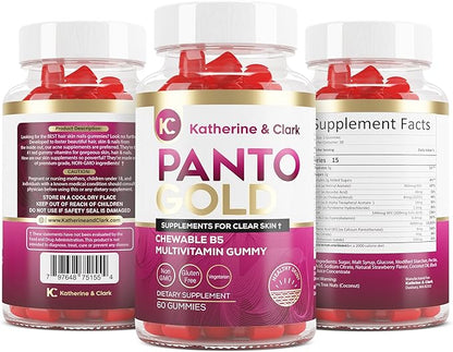 Katherine & Clark Panto Gold Vitamin B5 Pantothenic Acid Gummies for Acne - Hair Skin and Nails Gummies - Biotin, Zinc, Folic Acid Chewable Non-GMO Gluten-Free for Body - Oily Skin Gummies - 60 Count