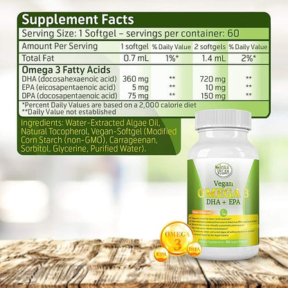 POTENT VEGAN OMEGA 3 Supplement: Better Than Fish Oil! Plant Based Water Extracted Algae Oil- DHA EPA DPA Fatty Acids- Non GMO- Improve Immune System, Joint, Heart, Skin & Brain Health- 2 Month Supply