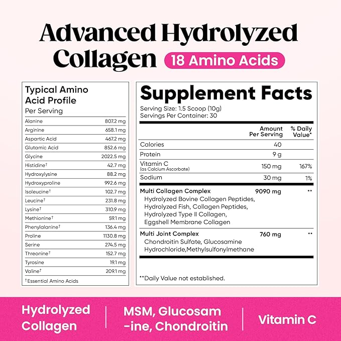 Venture Pal Multi Collagen Protein Powder - Hydrolyzed Collagen Peptides Type I, II, III, V, X + MSM, GC & Vitamin C | Unflavored Collagen Supplement | Hair, Skin, Nail & Joint Support | Non-GMO