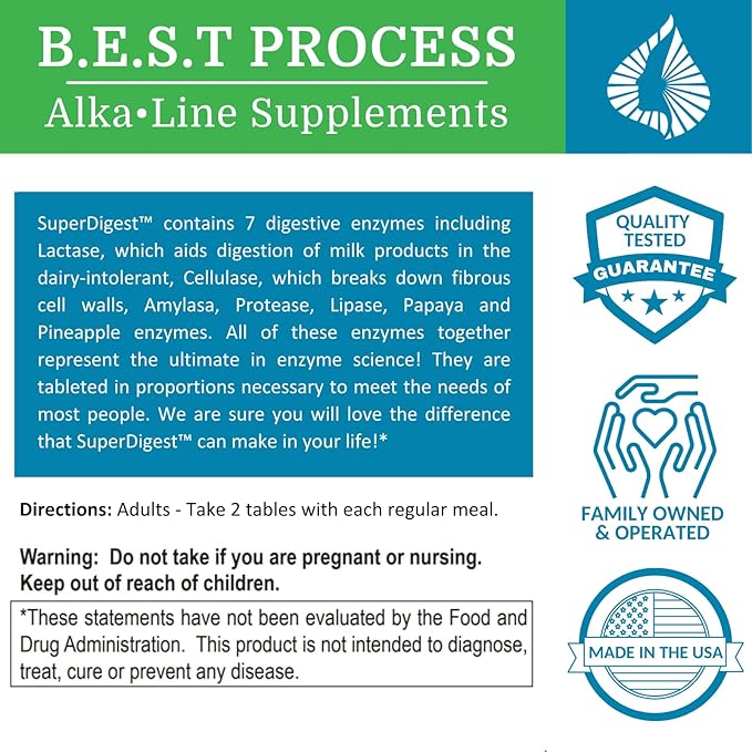 SuperDigest Best Process Alkaline — Multi-Enzyme Digestive Support — Digestive Enzymes with Alfalfa, Papain & Bromelain (Vegetarian Friendly)