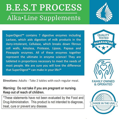 SuperDigest Best Process Alkaline — Multi-Enzyme Digestive Support — Digestive Enzymes with Alfalfa, Papain & Bromelain (Vegetarian Friendly)