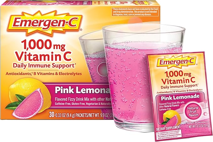 Emergen-C 1000mg Vitamin C Powder, with Antioxidants, B Vitamins and Electrolytes, Immunity Supplements for Immune Support, Caffeine Free Fizzy Drink Mix, Pink Lemonade Flavor - 30 Count (Pack of 12)