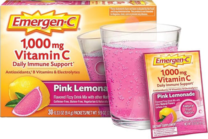 Emergen-C 1000mg Vitamin C Powder, with Antioxidants, B Vitamins and Electrolytes, Immunity Supplements for Immune Support, Caffeine Free Fizzy Drink Mix, Pink Lemonade Flavor - 30 Count (Pack of 12)