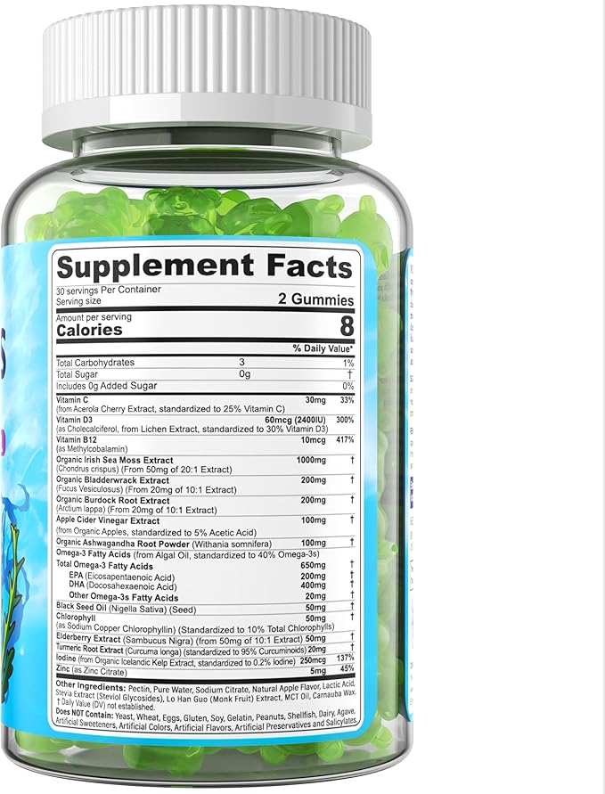 Sea Moss Gummies + Omega-3 (Made in USA) Vegan for Man Women, Organic Irish Seamoss Supplement w/Ashwagandha, Turmeric, Vitamin D3 B12 C, Burdock Root, Bladderwrack, for Brain, Energy, Immunty, 120Cts