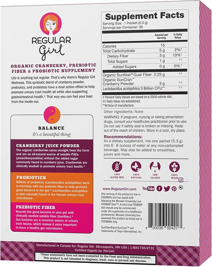 Regular Girl Wellness - Organic Cranberry, Prebiotic Fiber & Probiotic Supplement, 30 Servings