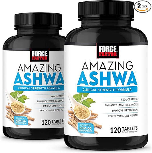 FORCE FACTOR Amazing Ashwa for Stress Relief 2-Pack, Memory, Focus, Immune Health, and Metabolism, Ashwaganda Supplement with KSM-66 Ashwagandha for Stress, 240 Tablets, White Packaging