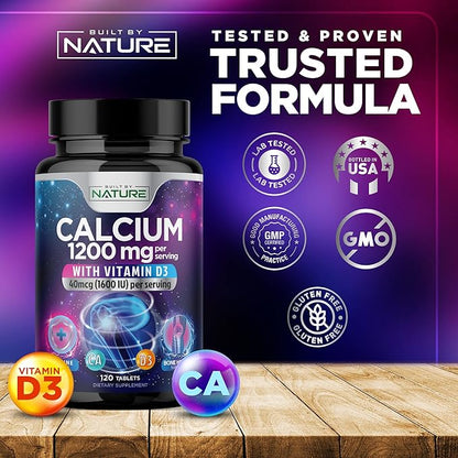 Calcium 1200mg with Vitamin D3 for Best Absorption - Advanced Bone Support Supplement, 1200 mg Calcium Carbonate & 1600 IU Vitamin D3, Slow Release for Immune Support, Easy to Swallow, 120 Tablets