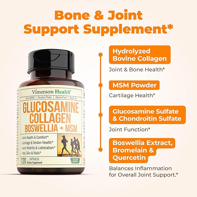 Vimerson Health Glucosamine Chondroitin MSM with Hydrolyzed Collagen Peptides - Joint Support Supplement with Quercetin, Bromelain & Boswellia Extract - Collagen Pills for Hair Skin Nails - 2 Pack
