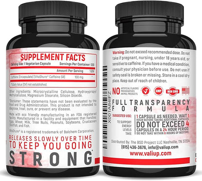 VALI Time Release Caffeine 100mg Pills - Smart Slow Release for Extended Energy & Focus. Advanced Nootropic Supplement. Brain Booster for Active Performance, Alertness & Clarity. 120 Veggie Capsules