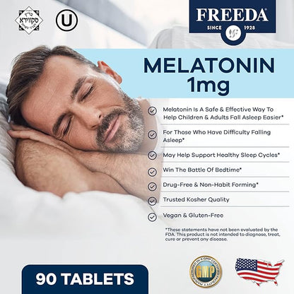 FREEDA Melatonin 1mg Sugar-Free Chewables – Gentle Sleep Aid for Adults & Kids – Vegan, Kosher, Gluten-Free, Non-GMO, Travel-Friendly – 180 Tablets