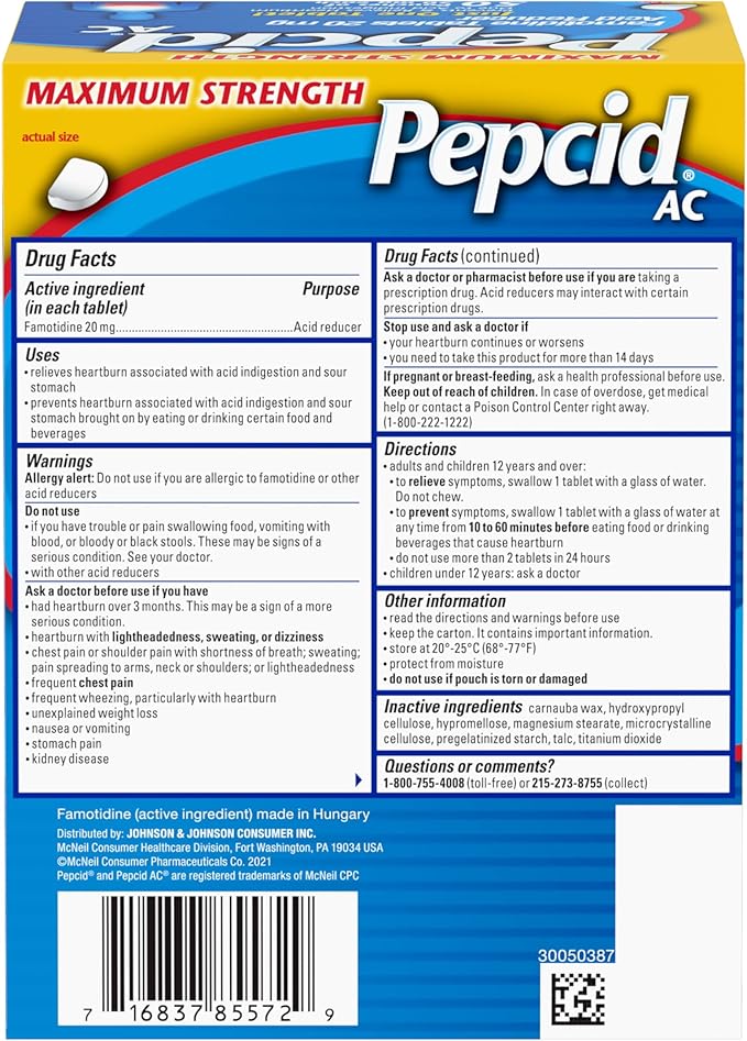 Pepcid AC Maximum Strength Heartburn Relief Tablets, OTC Medicine Prevents & Relieves Heartburn Due to Acid Indigestion & Sour Stomach, 20mg Famotidine Acid Reducer, Fast-Acting, 1 x 50 ct