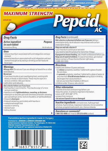 Pepcid AC Maximum Strength Heartburn Relief Tablets, OTC Medicine Prevents & Relieves Heartburn Due to Acid Indigestion & Sour Stomach, 20mg Famotidine Acid Reducer, Fast-Acting, 1 x 50 ct