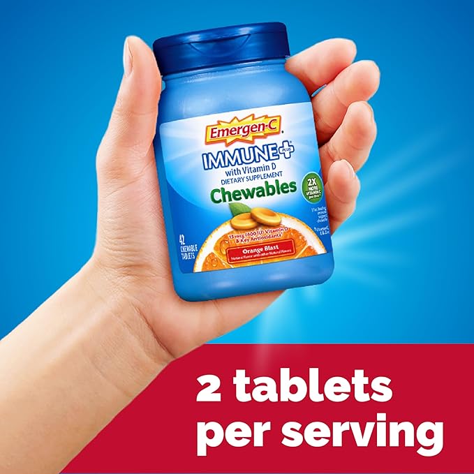 Emergen-C Immune+ Chewables 1000mg Vitamin C with Vitamin D Tablet, Immune Support Dietary Supplement for Immunity, Orange Blast Flavor - 42 Count