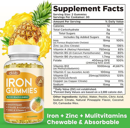 Iron Gummies with Multivitamin, Iron Supplement for Women & Men with Zinc, Vitamin B Complex & C, B12, Folate - Blood Builder & Energy Support for Adults & Kids - Pineapple Flavor, Vegan 60 Gummies