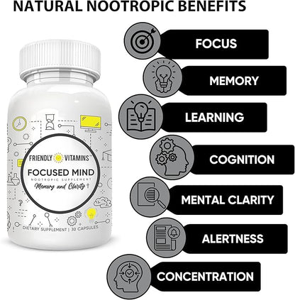 Focused Mind – Daily Brain Supplement for Memory and Focus Support | Nootropic for Concentration, Mental Clarity, and Brain Energy | Cognitive Supplement for Work, School, or Everyday Demands