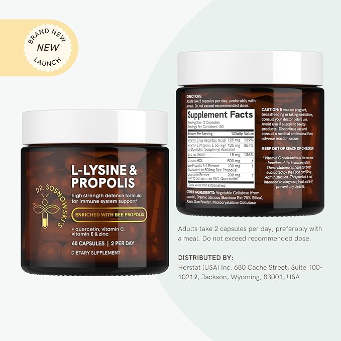 Dr Sosnowski's L-Lysine & Propolis Supplements | High Potency L Lysine Immune Support Formula with 5:1 Propolis Extract, Quercetin, VIT C, VIT E and Zinc