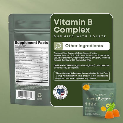 Vitamin B Complex Gummies for Women - 7 Essential Vitamins and Iron, Energy, Immune, Prenatal Support, Portable Pouch, Tropical Flavor, Made in USA, 60 Count