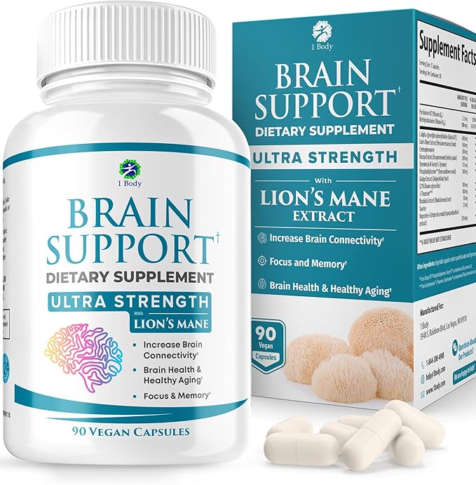 1 Body Brain Supplement Capsules with Lions Mane for Memory and Focus - Nootropics, Alpha GPC, Bacopa Monnieri