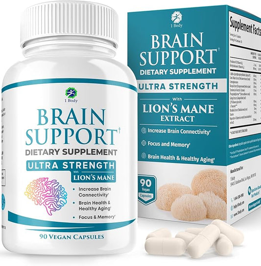 1 Body Brain Supplement Capsules with Lions Mane for Memory and Focus - Nootropics, Alpha GPC, Bacopa Monnieri